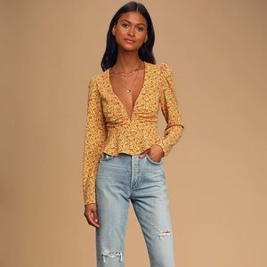 COPY - Yellow Floral Deep V Blouse